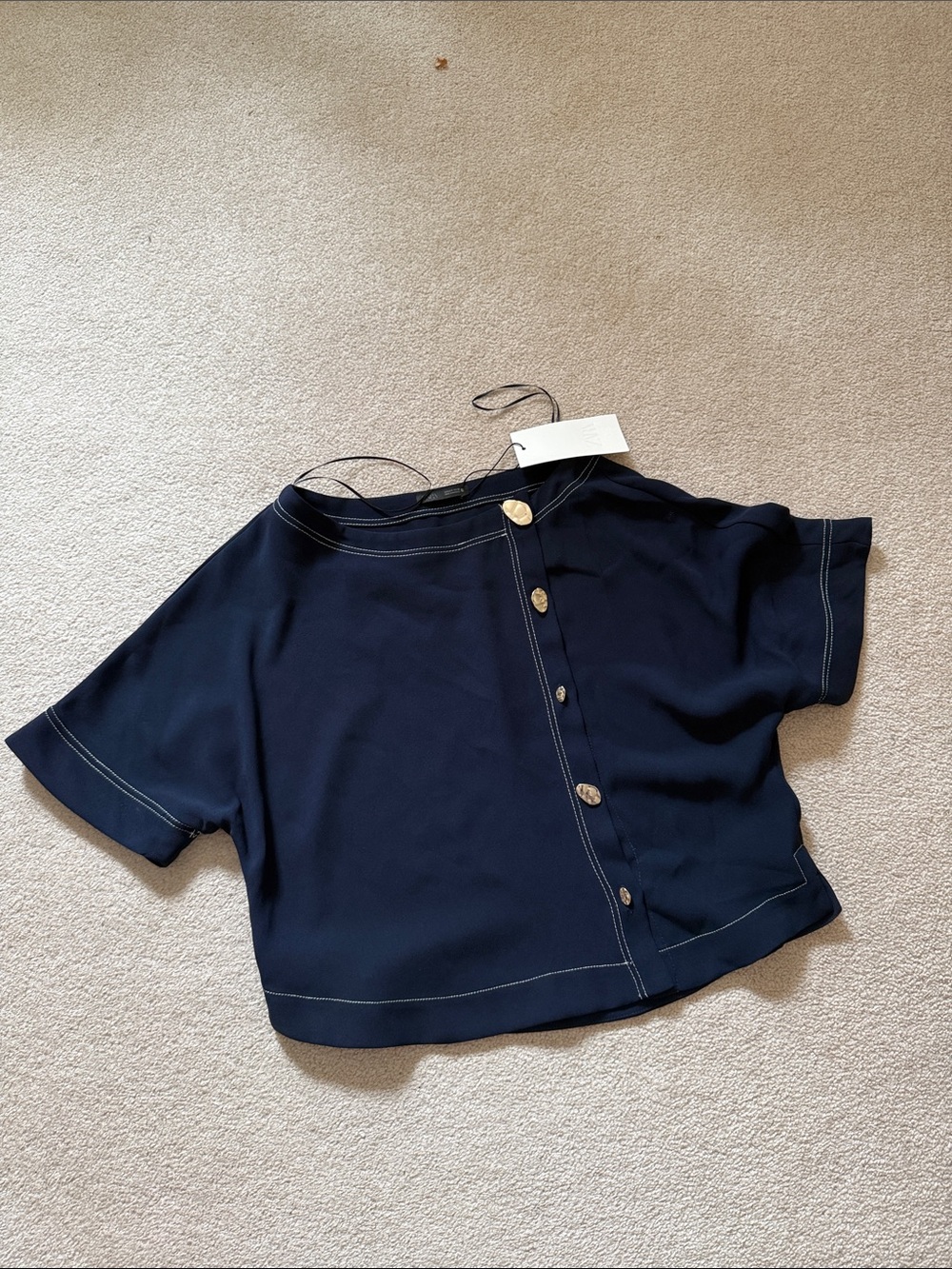 Navy Short-Sleeve Button Front Top